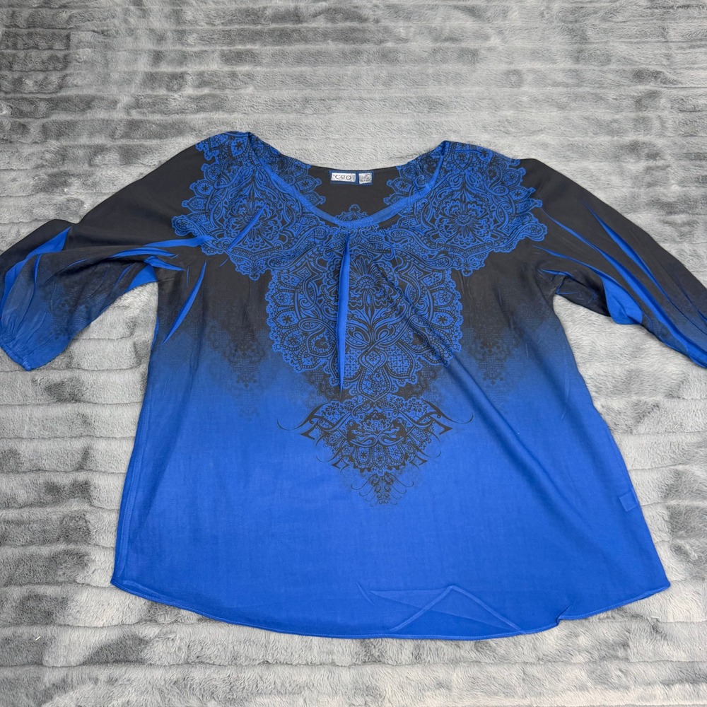 Cato Womens XL Blue Black Ombre Mandala Print 3/4 Sleeve Peasant Blouse Top